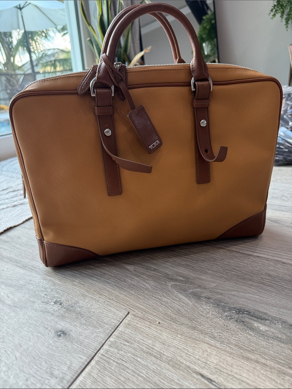 Tumi Two-Tone Tan and Brown Leather-Trim Satchel or laptop bag